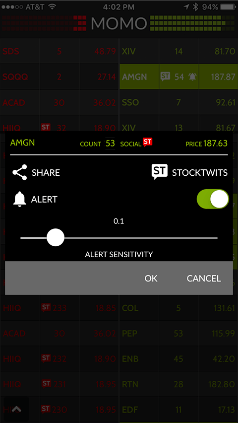 Tap on any stock to display actions menu